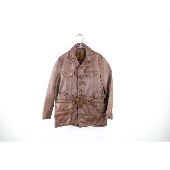 Vintage 50s Streetwear Mens 40R Distressed Belted Lined Leather Jacket Brown USA